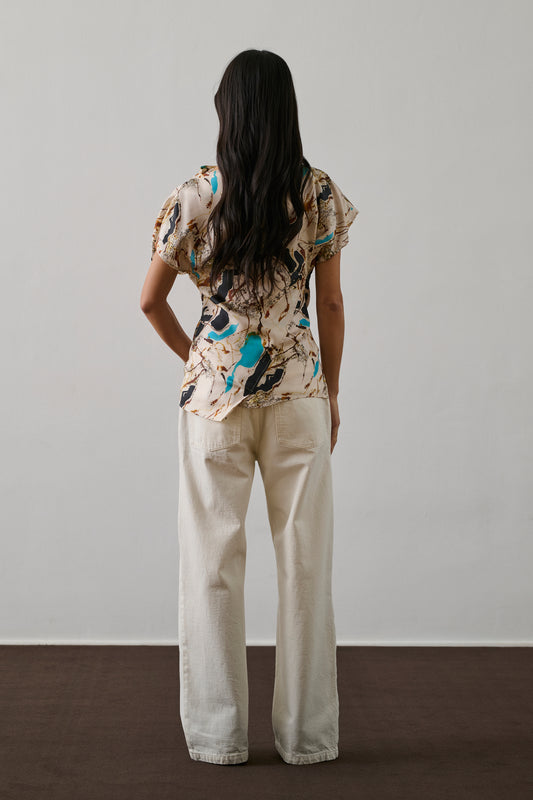 Blouse Fedora - Beige/Turquoise - Soie - Femme